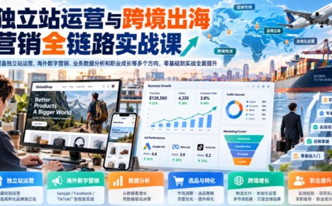 独立站运营与跨境出海营销全链路实战课,覆盖独立站运营、海外数字营销、业务数据分析和职业成长等多个方向,零基础到实战全面提升