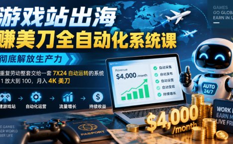 游戏站出海賺美刀全自动化系统课,彻底解放生产力–把重复劳动整套交给一套7X24自动运转的系统,从1放大到100,月入4K美刀