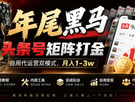 【年尾黑马】头条号矩阵打金，自用代运营双模式，月入1-3w，附全套教程及内部工具【揭秘】