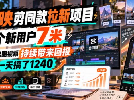 剪映剪同款拉新项目，一个新用户7米，一条出圈视频持续带来回报，有人一天搞了1240