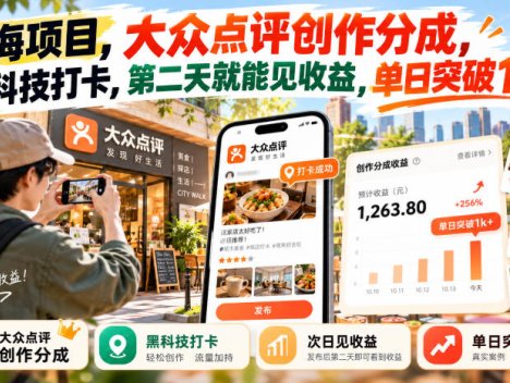 蓝海项目，大众点评创作分成，黑科技打卡，第二天就能见收益，单日突破1k+【揭秘】
