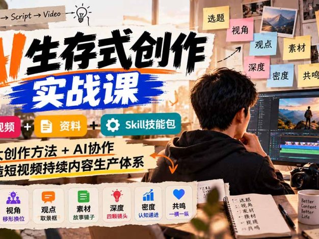 AI生存式创作实战课:视频+资料+Skill技能包,七大创作方法+AI协作,打造短视频持续内容生产体系