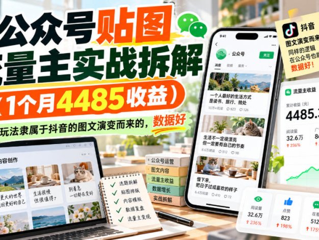 公众号贴图流量主实战拆解(1个月4485收益)，这个玩法隶属于抖音的图文演变而来的，数据好