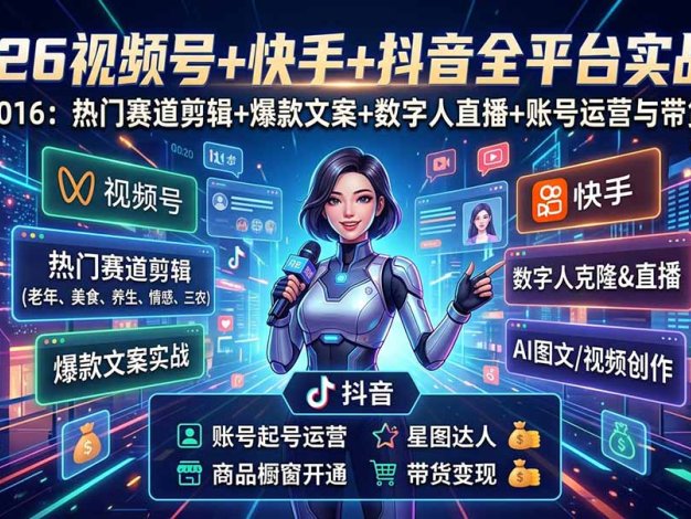 视频号+快手+抖音三大平台的全栈剪辑+数字人直播实战课-3月更新：快速实现短视频变现