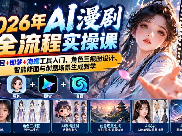 2026年AI漫剧全流程实操课:豆包+即梦+海螺工具入门、角色三视图设计、智能修图与创意场景生成教学