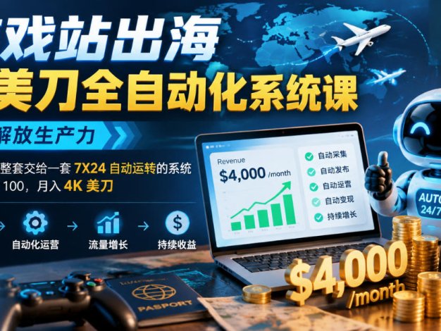 游戏站出海賺美刀全自动化系统课，彻底解放生产力–把重复劳动整套交给一套7X24自动运转的系统，从1放大到100，月入4K美刀