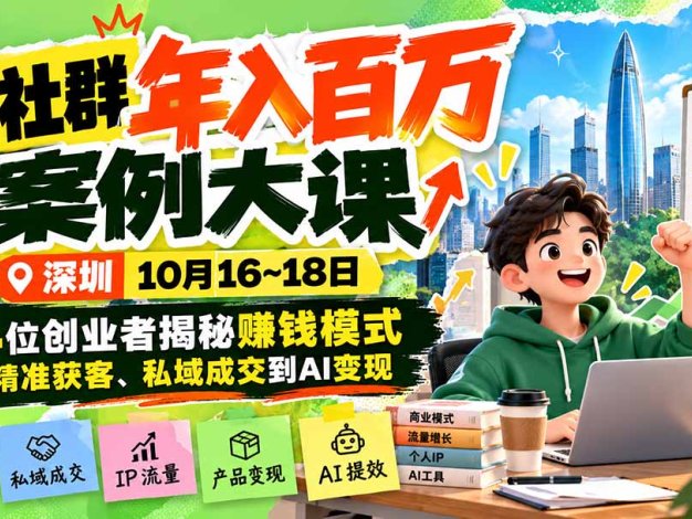 某社群年入百万案例大课-深圳10月16~18日：14位创业者揭秘赚钱模式，从精准获客、私域成交到AI变现