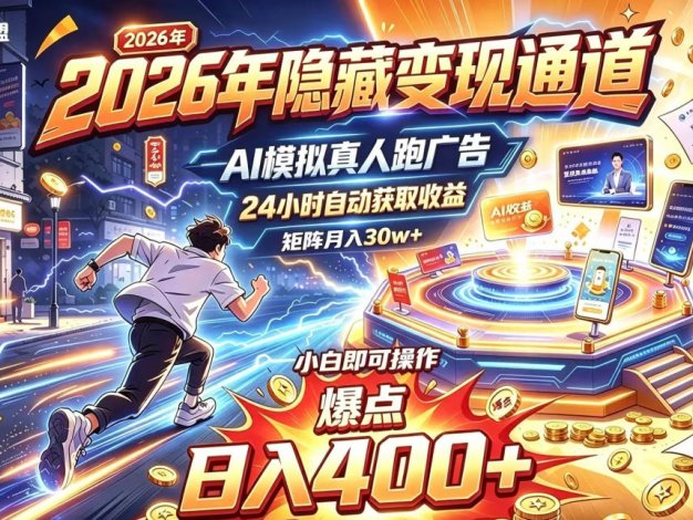 2026年别死磕自媒体，隐藏变现通道，AI模拟真人自动跑广告，小白即可操作，日入400+，矩阵月入可达到30w+【揭秘】