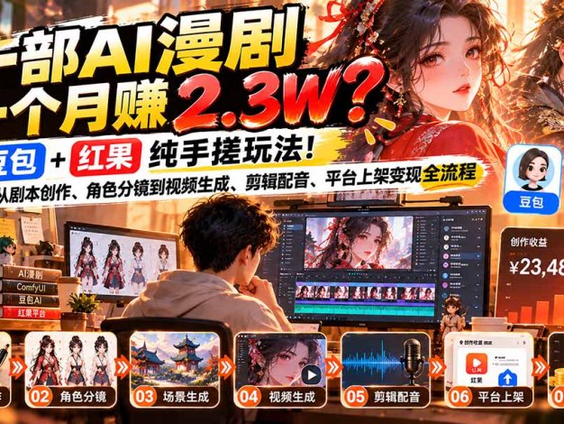 一部AI漫剧一个月赚2.3W？豆包+红果纯手搓玩法！从剧本创作、角色分镜到视频生成、剪辑配音、平台上架变现全流程