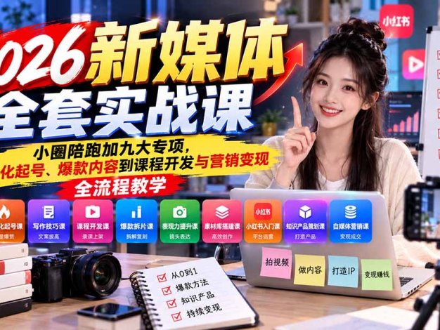 2026新媒体全套实战课：小圈陪跑+九大专项，从差异化起号、爆款内容到课程开发与营销变现全流程教学